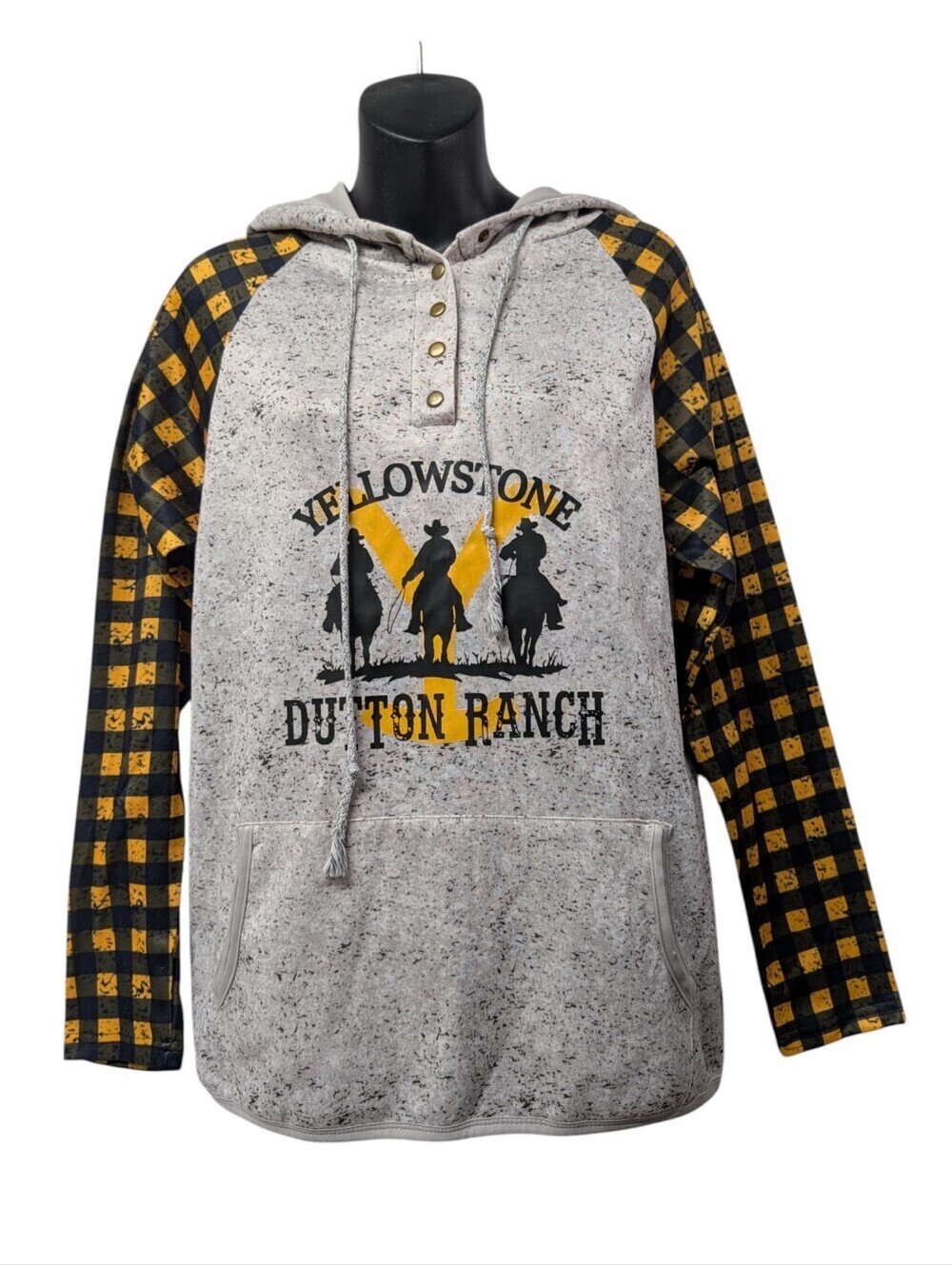 Yellowstone Dutton Ranch Hoodie Small Plaid Sleeve Gray Henley Pullover